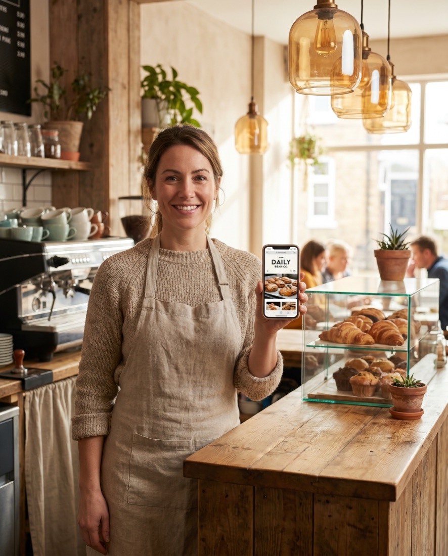 Une gérante de café montre le site web de son établissement sur son téléphone